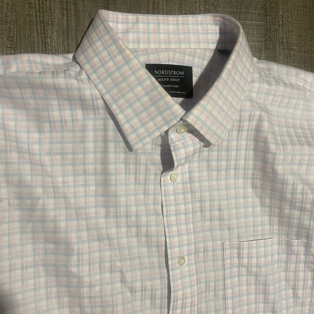 Nordstrom Mens button down pink and blue checked dress shirt